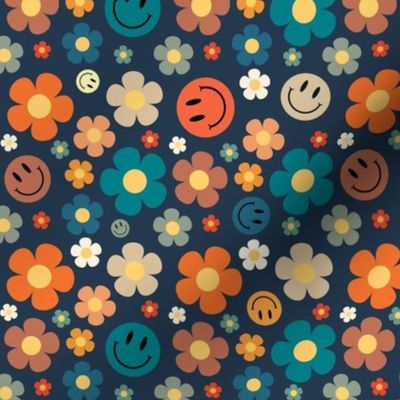 Medium Scale Retro Smiles and Daisies Smile Faces and Daisy Flowers on Navy