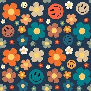 Medium Scale Retro Smiles and Daisies Smile Faces and Daisy Flowers on Navy