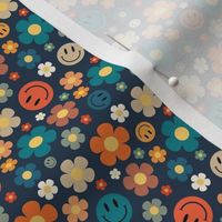 Small Scale Retro Smiles and Daisies Smile Faces and Daisy Flowers on Navy
