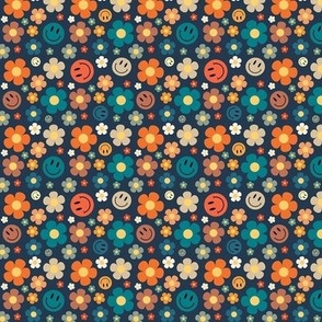 Small Scale Retro Smiles and Daisies Smile Faces and Daisy Flowers on Navy