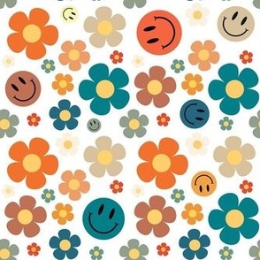 Medium Scale Retro Smiles and Daisies Smile Faces and Daisy Flowers on White