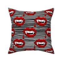 Large Scale Red Vampire Lips on Black and White Grunge Stripes