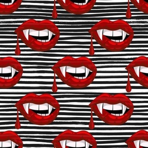 Large Scale Red Vampire Lips on Black and White Grunge Stripes