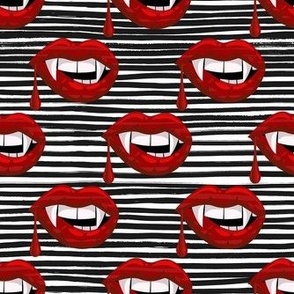 Medium Scale Red Vampire Lips on Black and White Grunge Stripes