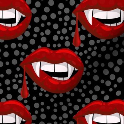 Large Scale Red Vampire Lips on Black with Grey Dots