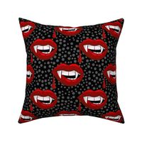 Large Scale Red Vampire Lips on Black with Grey Dots