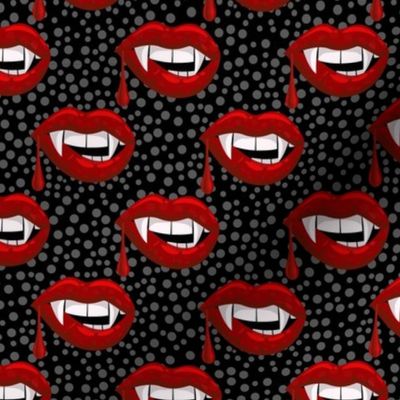 Medium Scale Red Vampire Lips on Black with Grey Dots