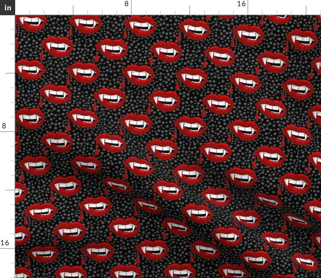 Medium Scale Red Vampire Lips on Black with Grey Dots