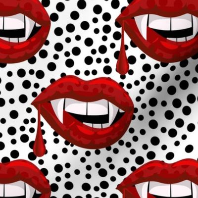 Large Scale Red Vampire Lips on White with Black Polkadots