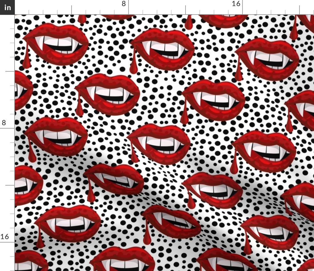 Large Scale Red Vampire Lips on White with Black Polkadots