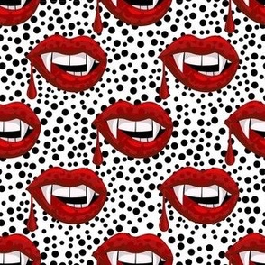 Medium Scale Red Vampire Lips on White with Black Polkadots