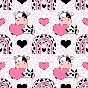 Medium Scale Baby Cows Black and White Pink Hearts and Rainbows