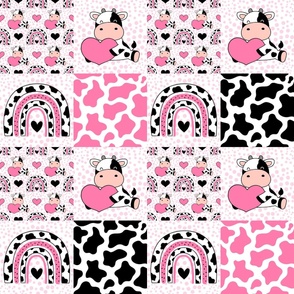 Bigger Scale Patchwork 6" Squares Baby Cows Black and White Pink Hearts and Rainbows for Cheater Quilt or Blanket