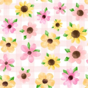 Large Scale Be Happy Nursery Coordinate Pink and Yellow Daisies and Sunflowers on Pale Gingham