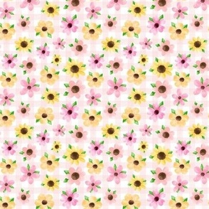 Small Scale Be Happy Nursery Coordinate Pink and Yellow Daisies and Sunflowers on Pale Gingham