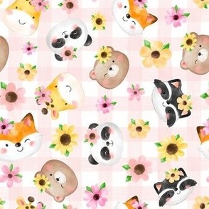 Medium Scale Be Happy Nursery Baby Animals Pink and Yellow Flowers and Pale Gingham