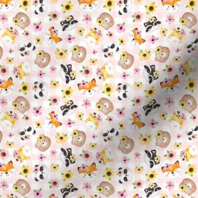 Small Scale Be Happy Nursery Baby Animals Pink and Yellow Flowers and Pale Gingham