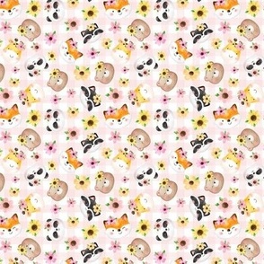 Small Scale Be Happy Nursery Baby Animals Pink and Yellow Flowers and Pale Gingham