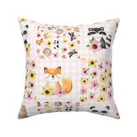 Bigger Scale Patchwork 6" Squares Be Happy Nursery Baby Animals Pink and Yellow Flowers and Pale Gingham