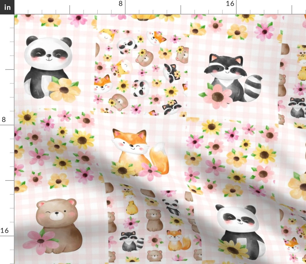 Bigger Scale Patchwork 6" Squares Be Happy Nursery Baby Animals Pink and Yellow Flowers and Pale Gingham