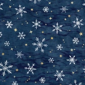 Shibori Snow and Stars on Dark Indigo (small scale) | Snowflakes and gold stars on arashi shibori linen pattern, block printed stars on navy blue, Christmas fabric, winter night sky.
