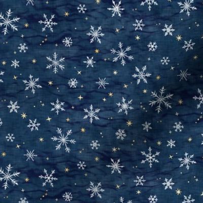 Shibori Snow and Stars on Dark Indigo (extra small scale) | Snowflakes and gold stars on arashi shibori linen pattern, block printed stars on navy blue, Christmas fabric, winter night sky.