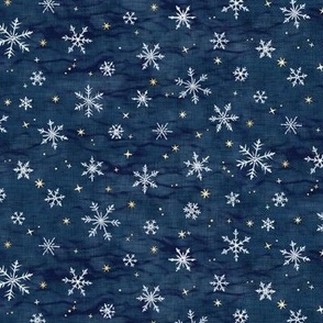 Shibori Snow and Stars on Dark Indigo (extra small scale) | Snowflakes and gold stars on arashi shibori linen pattern, block printed stars on navy blue, Christmas fabric, winter night sky.
