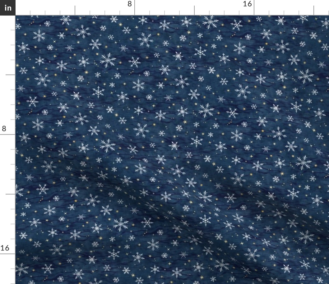 Shibori Snow and Stars on Dark Indigo (extra small scale) | Snowflakes and gold stars on arashi shibori linen pattern, block printed stars on navy blue, Christmas fabric, winter night sky.