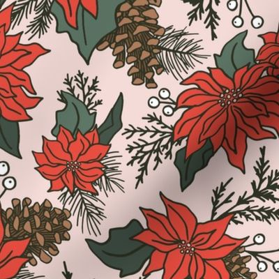 Festive Red Poinsettia on Pink - Large Scale