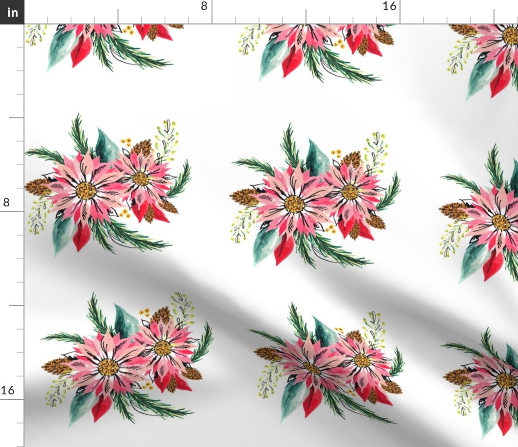   8" Panel - Double Pink Poinsettia Floral // Winter Christmas Holiday Flowers, Pinecones, Mistletoe, Berries, Eucalyptus Leaves, Pine, Evergreen Botanical Design // © ZirkusDesign