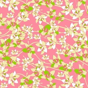 Spring twigs with flowers, Small light yellow flowers on a pink background