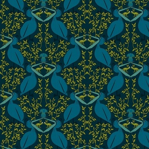 BIRDS AND FROGS - GREEN AND TEAL ON DARK