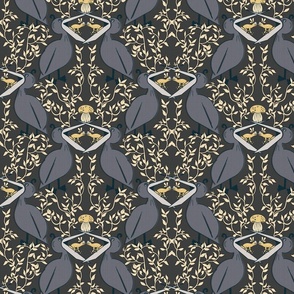 BIRDS AND FROGS - GREY AND YELLOW ON DARK
