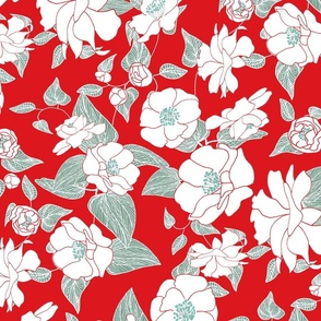 Camellias Tea Towel Christmas Red 300