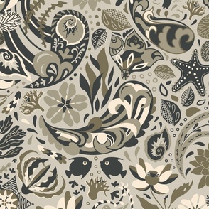 Paisley water splashes with aquatic plants, gray sand,  large scale