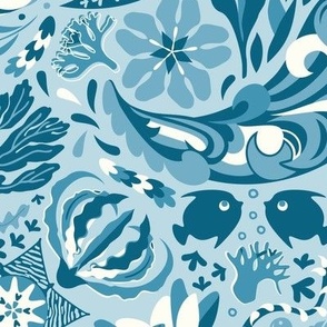 Paisley water splashes with aquatic plants, baby blue, midscale