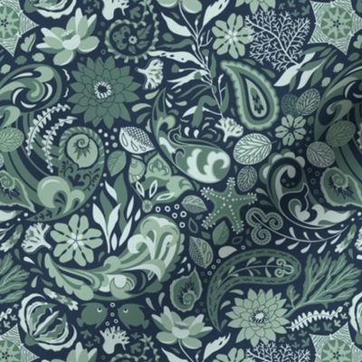 Paisley water splashes with aquatic moody plants, pine small