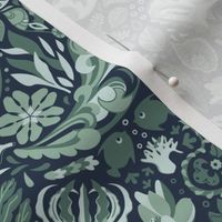 Paisley water splashes with aquatic moody plants, pine small