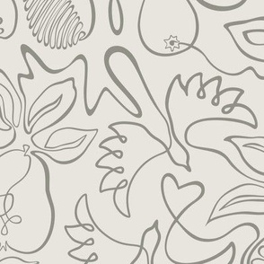 Pears and birds grey continuous line contour, large scale