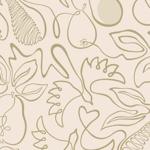Pears and birds olive and cream continuous line contour large scale