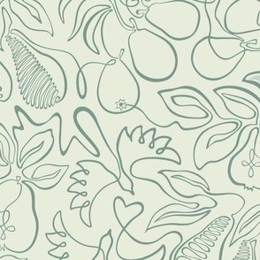 Pears and birds slate on beige continuous line contour, large scale