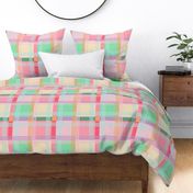 Plaid, Large squares and stripes, Pink, yellow, green square with a blue stripe
