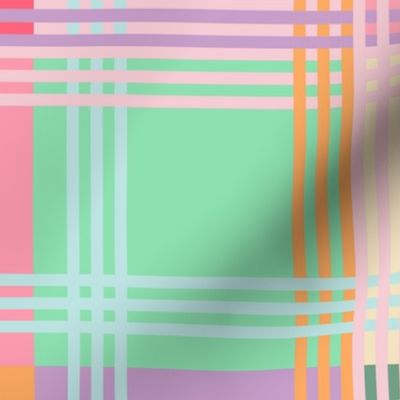 Plaid, Large squares and stripes, Pink, yellow, green square with a blue stripe