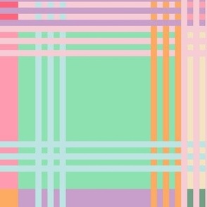 Plaid, Large squares and stripes, Pink, yellow, green square with a blue stripe