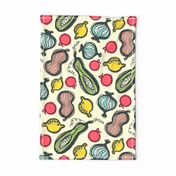 Chop and Toss Food Kitchen Scribble Veggies Vegetables Fruit Lemons Apples Squash Onions in Bright Colours - For Wall Hangings and Tea Towels - UnBlink Studio by Jackie Tahara