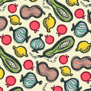 Chop and Toss Food Kitchen Scribble Veggies Vegetables Fruit Lemons Apples Squash Onions in Bright Colours - For Wall Hangings and Tea Towels - UnBlink Studio by Jackie Tahara