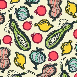 Chop and Toss Food Kitchen Scribble Veggies Vegetables Fruit Lemons Apples Squash Onions in Bright Colours - LARGE Scale - UnBlink Studio by Jackie Tahara