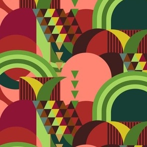 Large abstract shapes, burgundy, pink and green elements