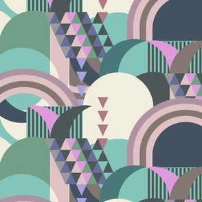 Large abstract shapes, beige, purple and turquoise elements