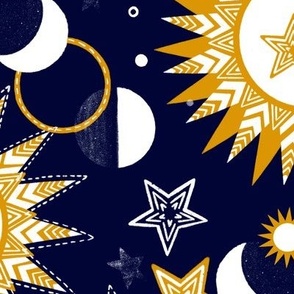 Celestial bodies, many yellow and white stars on a dark blue background